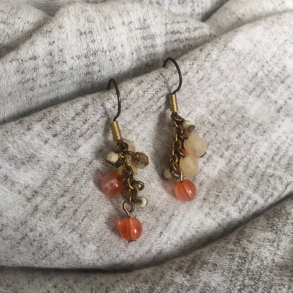 🌺 Coral, Tan & Gold Beaded Dangle Earrings | Boho Drop Style | 1” Length